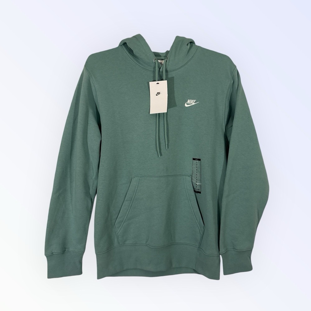 Nike Hoodie Club Fleece Long Sleeve Pullover Solid Green Logo MENS SMALL - Picture 1 of 8